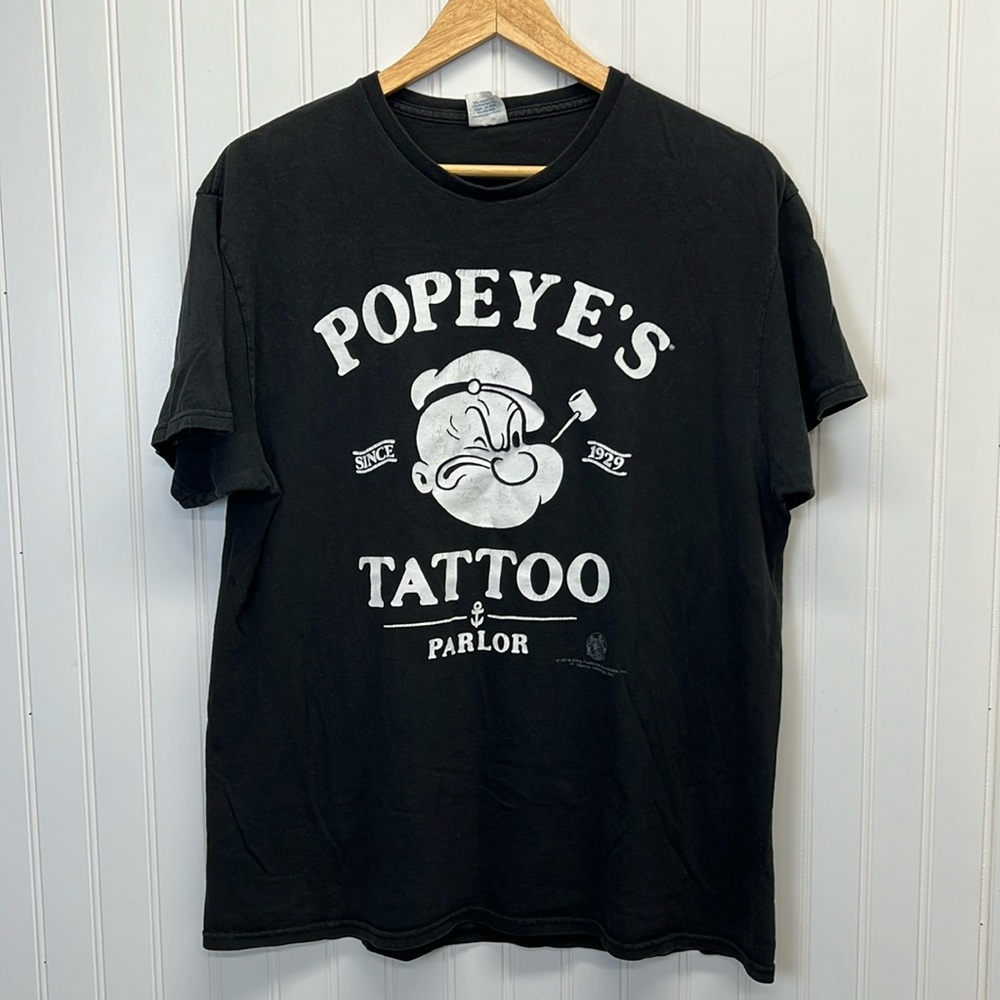 Vintage Popeye’s Tattoo Parlor Black Logo Print T Shirt‎ Sz L